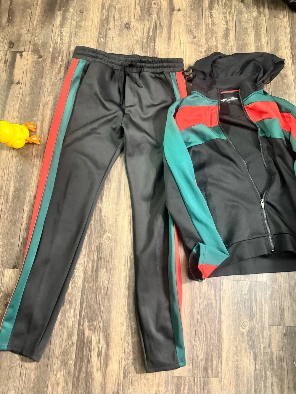 Black Track Pants with Red & Green Side Stripes